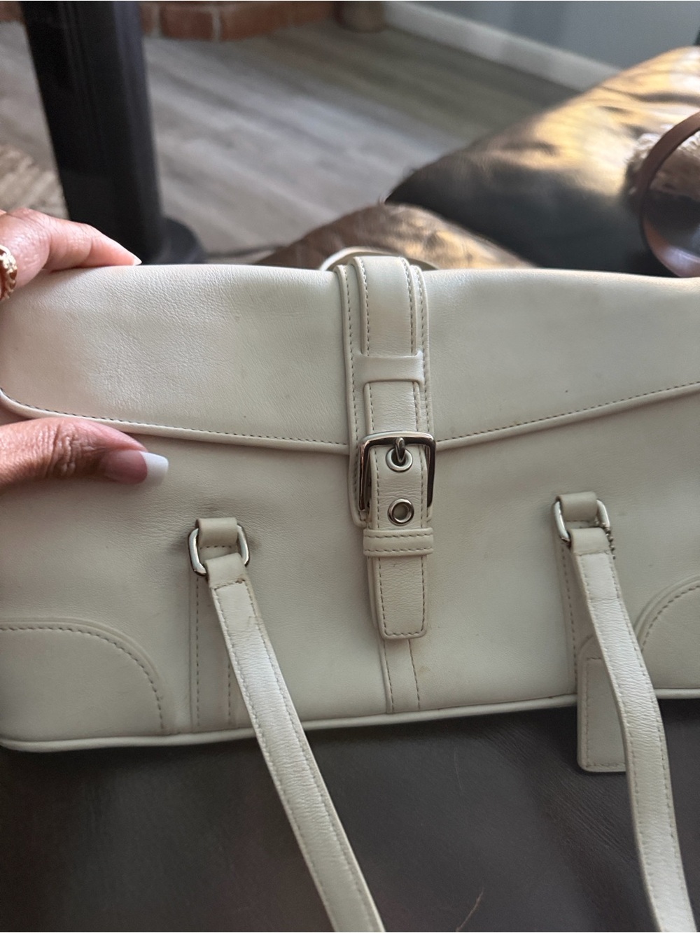 Coach Cream Leather Shoulder Bag with Buckle Strapcoach